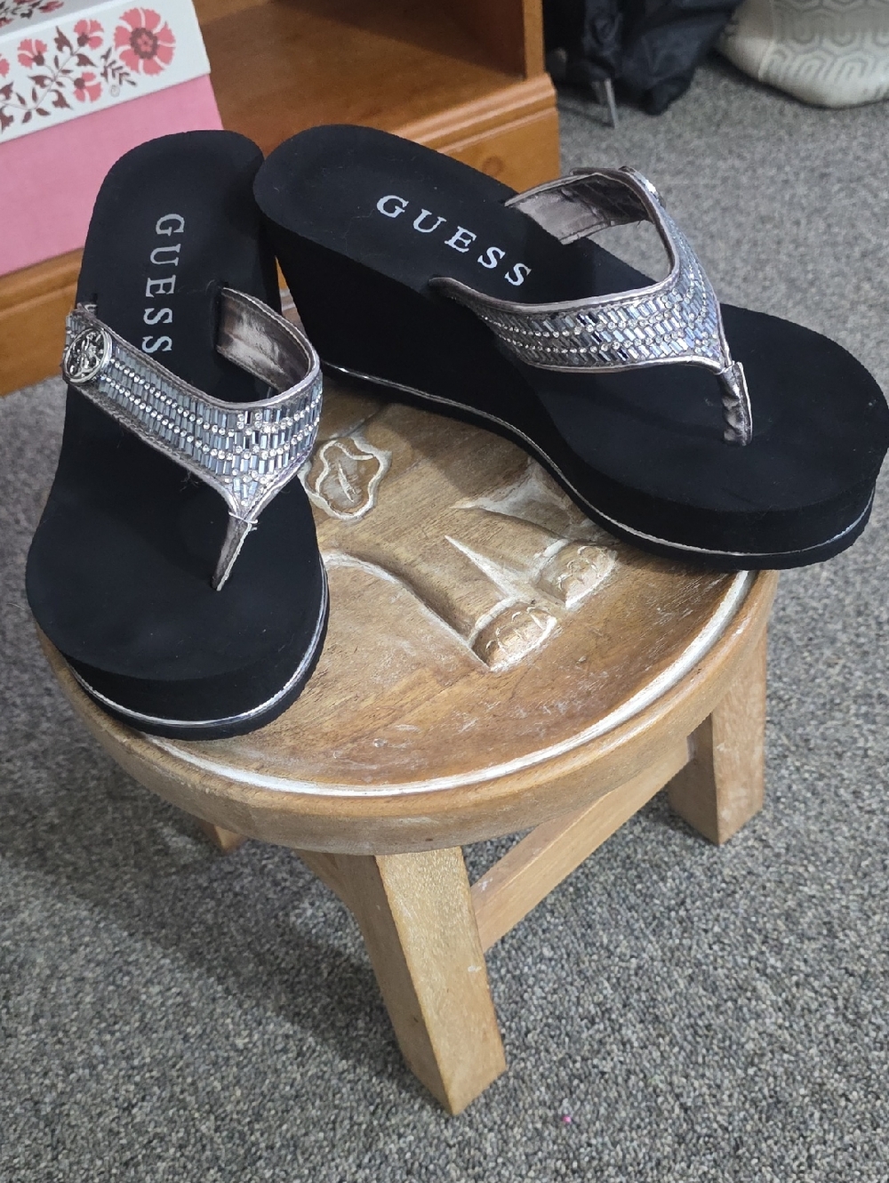 GUESS Black Wedge Thong Sandals with Silver Accent Straps